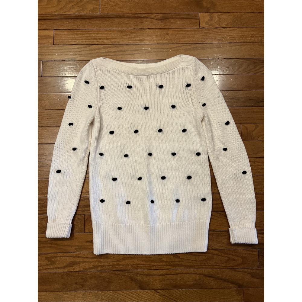 LOFT XS White Black Polka Dot Pom Pom Sweater Boat Neck Knit Cotton Blend